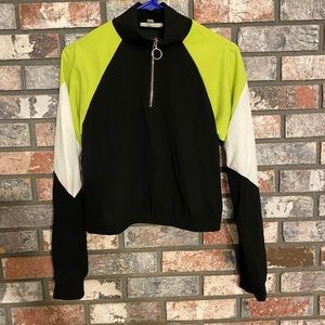 NWT ELLIE & KATE BLACK WHITE NEON GREEN TRACK 3/4 zip cropped top